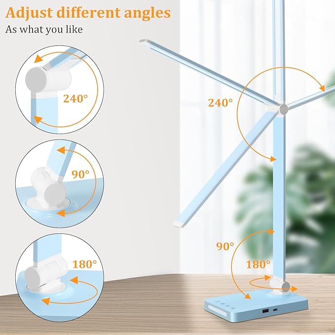LED Desk Lamp with USB Ports,Touch Desk Lamps for Home Office with 5 Color Modes,3 Brightness Desk Light with Small Night Light,Reading Lamp Table Lamp for Bedroom Bedside Study Blue (with adapter)