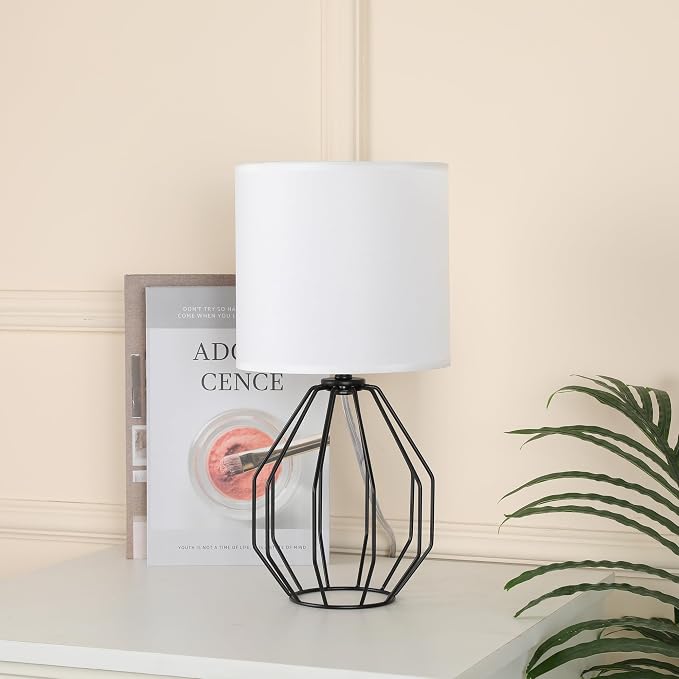 Small Table Lamp Set of 2 Black, Bedside Lamps with Metal Cage & Linen Lampshade, Cute Desk Lamps for Nightstand, Bedroom, Kids Room, Office