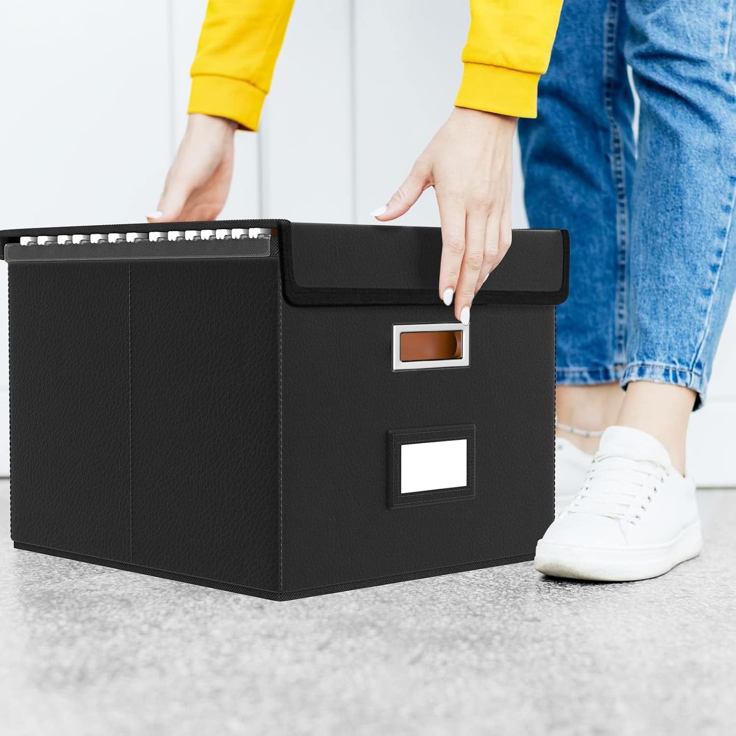 Huolewa File Organizer Box with Lid, Collapsible Faux Leather Hanging File Folder Box Organizer with Plastic Slides, Decorative Home/Office Filing System Boxes for File and Folders Storage