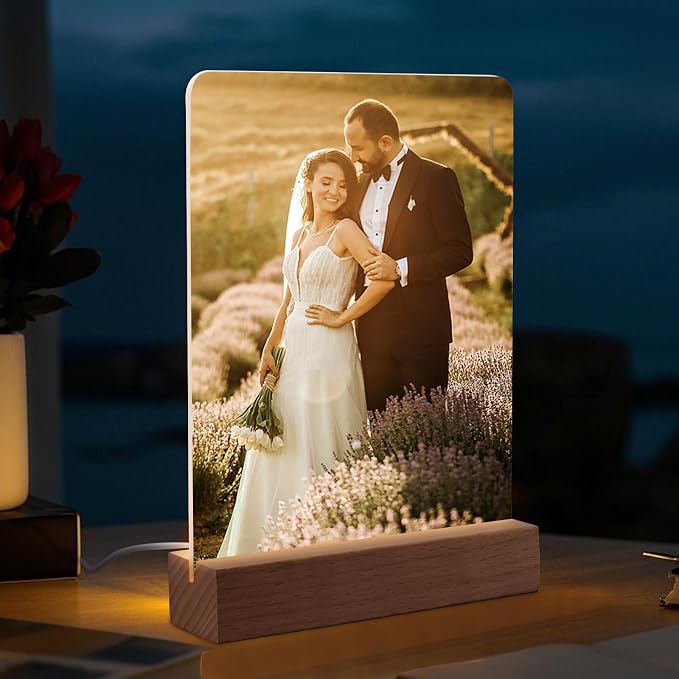 4 Pack 6" x 8" Sublimation led Acrylic Photo Frames Night Lights Blanks Heart Shape,with Warm Color Light with Wood Stand for Heat Press Machine Printing