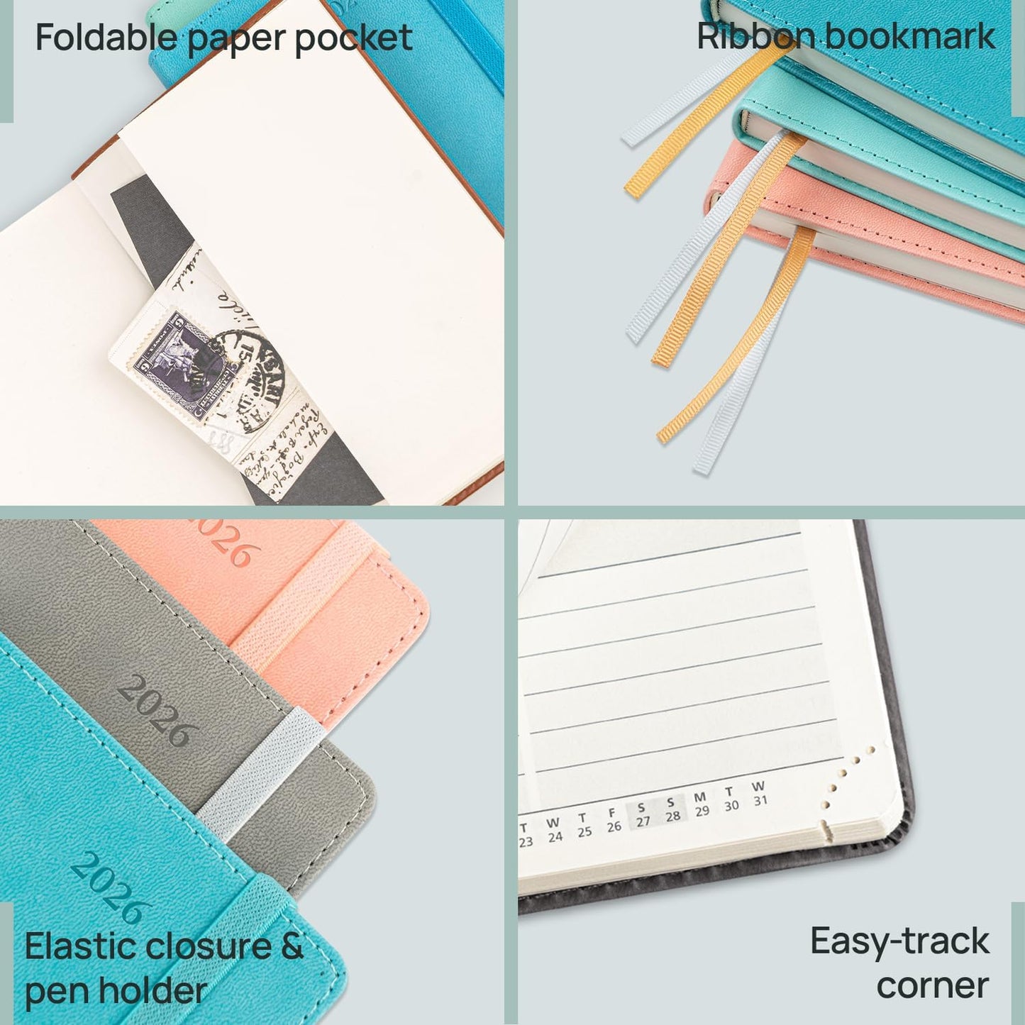 POPRUN Daily Planner 2026 (Jan - Dec), (Purse Size-4.25" x 6.25") 2026 Daily Calendar with One Page Per Day Even Weekends, Hourly Appointment Book with Pocket, PU Leather Softcover - Grey