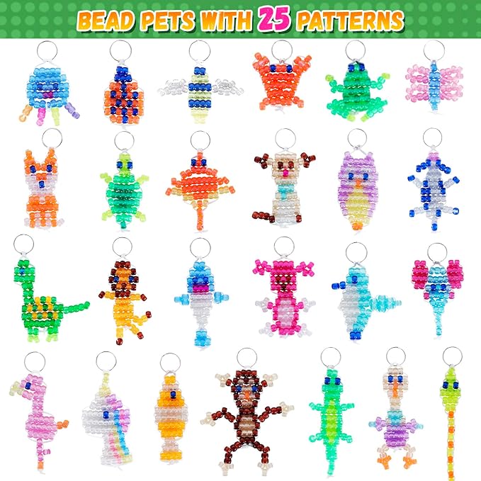 Pony Beads Kit for Keychain Making, Glow in the Dark Bead Pets for Kids Beginners,Includes Instructions for 25 Animal Designs and Storage Box, Kids Craft Kit for Rainy Day Group and Family Activities