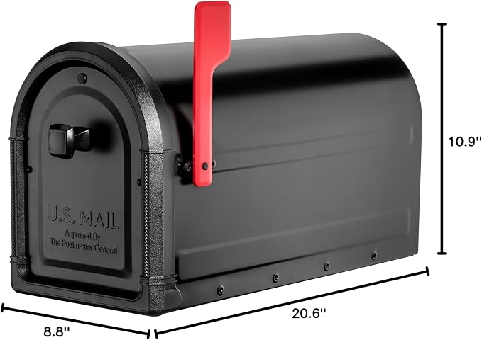 Architectural Mailboxes Roxbury Post Mount Mailbox, Black, Large | Galvanized steel build for outside with rust-resistant powder-coat finish and a magnetic door closure. USPS approved.