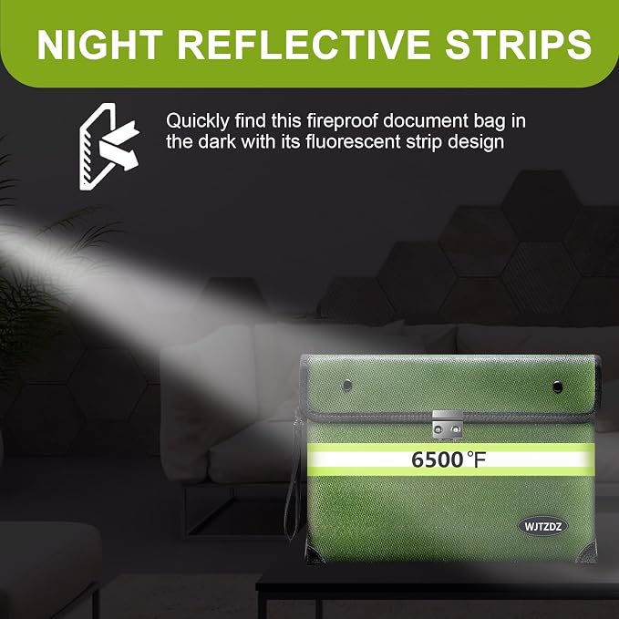 6500°F Fireproof Document Bag, Upgraded Fireproof/Waterproof Money Bag with Zipper/Reflective Strip,Storage Pouch for A4 Letter Size Document,Cash,Cell Phone,Passport