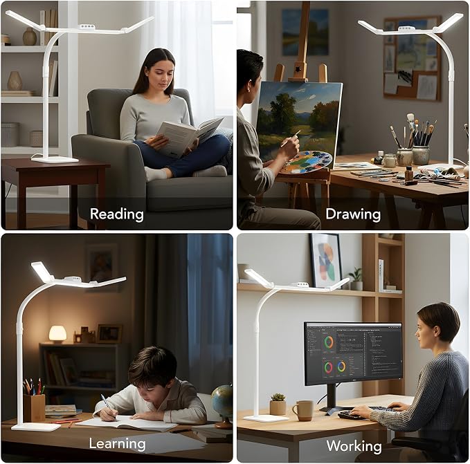 LED Desk Lamp for Home Office with Base, 28.2" Adjustable Gooseneck Swing Arm Bright Desk Light, Dimmable Architect Table Lamp for Desktop Computer Light, Reading, Study, Workbench(White)