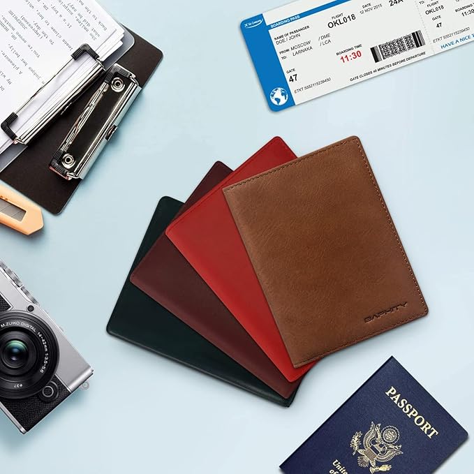 BAPHITY Unisex Leather RFID Blocking Vacation Passport Organizer, Red Brown | Top-Grain Leather, RFID Blocking, Multi Slots (3+2 SD), Slim, Unisex Multi-Function Holder, Travel Sleeve
