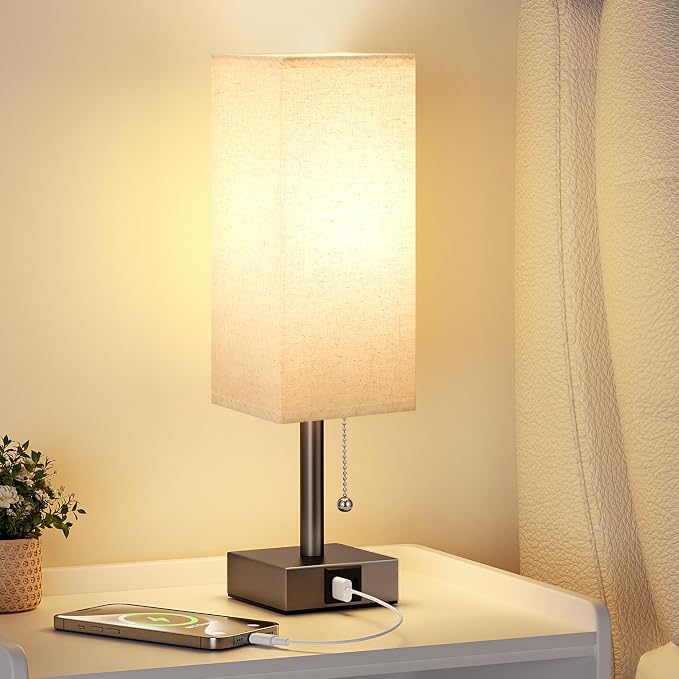 Brown Bedside Table Lamp for Bedroom - Desk Lamp For Nightstand, USB C+A | Pull Chain Lamp, 3 Color Modes(3000K/4000K/5000K), E26 LED Bulb Included, Square Brown Fabric Lampshade, for Read, Work, Dorm