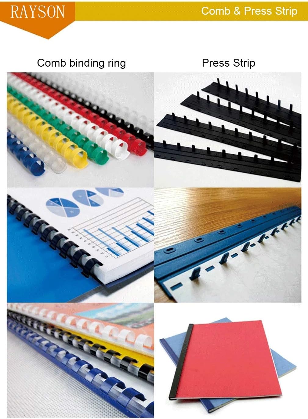 Rayson CR-10-100-M Plastic Binding Combs 3/8in. 21-Ring, 55-Sheet Capacity, Colorful Comb Binding Spines, Max. Binding A4 Size Paper (8.3"×11.7"), Box of 100