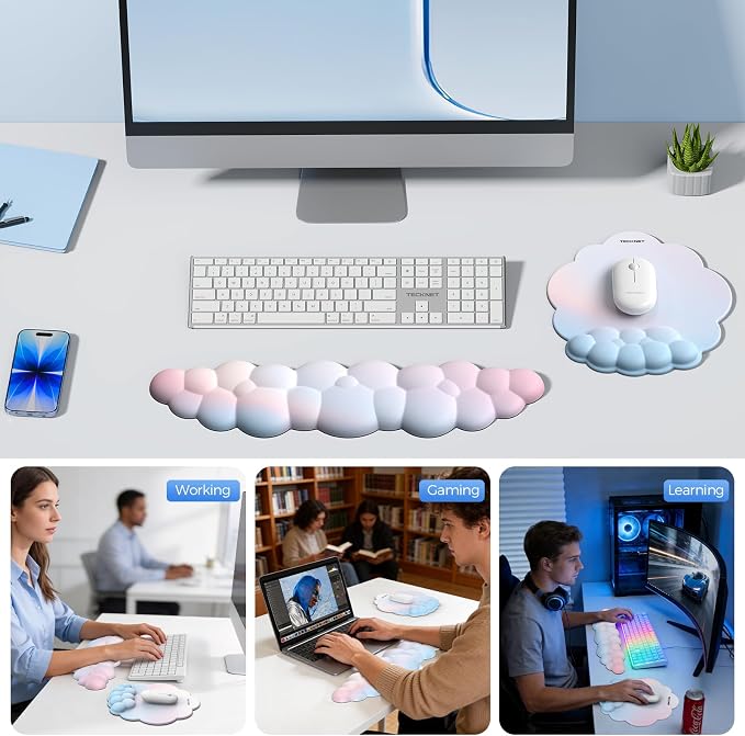 TECKNET Cloud Wrist Rest & Ergonomic Mouse Pad, Cloud Keyboard Wrist Rest with Non-Slip Base, PU Leather Memory Foam Wrist Pad for Keyboard and Mouse, Pain Relief for Typing, Gaming, Rainbow