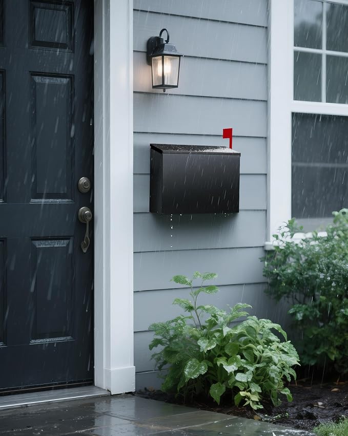 Wall-Mount Mailbox for Outside, Large Capacity Rust-Proof Mail Box with Stay-Open Lid & Red Flag Kit, Galvanized Steel Weather-Resistant Post Box for House Outside, 10.5"x4.3"x14.2", Black