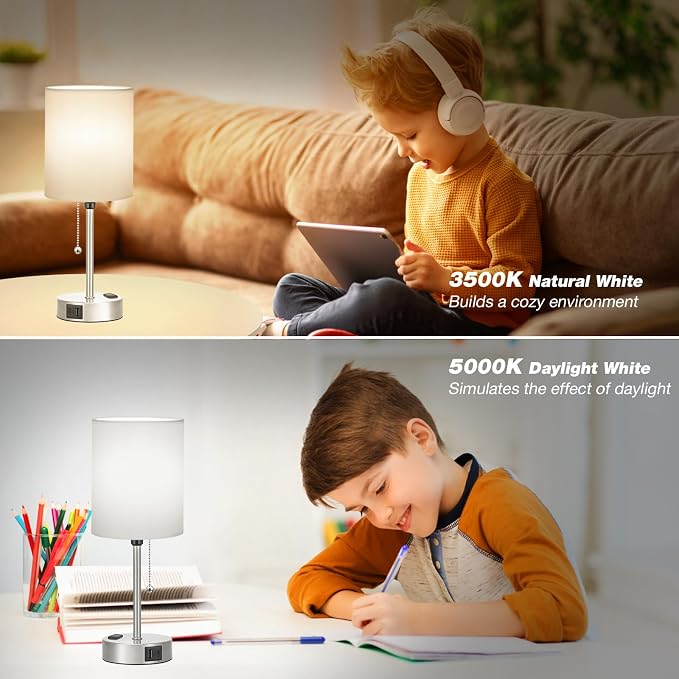 White Bedside Lamp for Bedroom - 3 Color Temperatures Desk Lamp with USB C and A Ports, Pull Chain Table Lamp with AC Outlet, Nightstand Lamp with Silver Metal Base for Kids Girls | USB A+C Ports, AC Outlet, 3-Color Temps, LED Bulb Included, White Fabr...