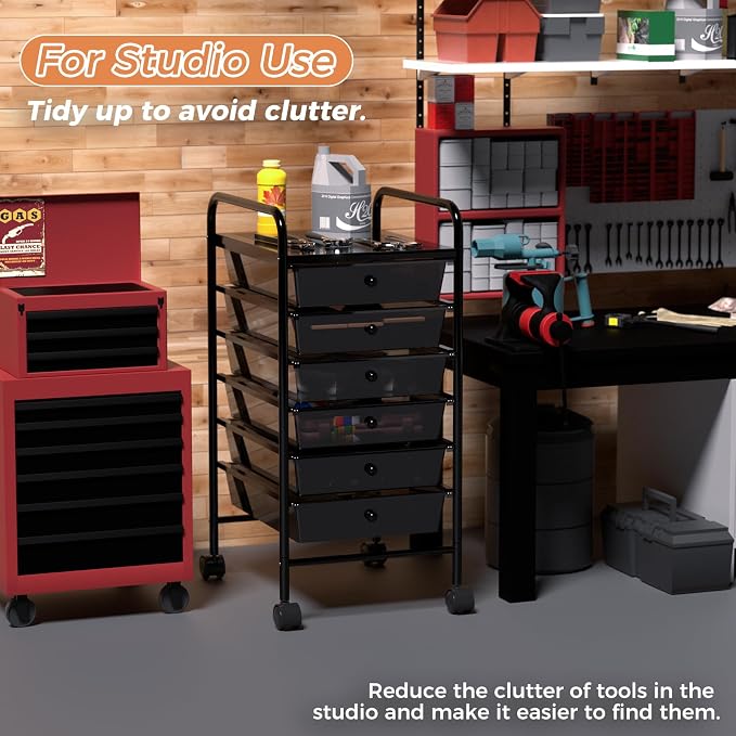 6 Tier Utility Rolling Cart with 6 Drawers Multipurpose Rolling Storage Cart with Wheels and Handles for Office Classroom Kitchen Bathroom Bedroom Organization Black