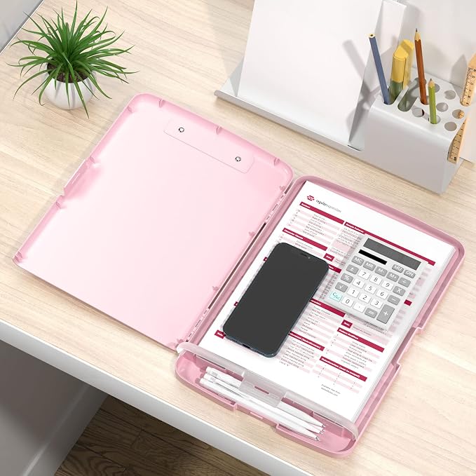 Rimilak Clipboard with Storage, 8.5 x 11'' High Capacity Clip Board, Pink | Smooth Writing, Side-Opening Plastic Folder with Pen Holder, Size 14.2 x 9.6 x 1.2″ ,for Classroom, Teacher, Student