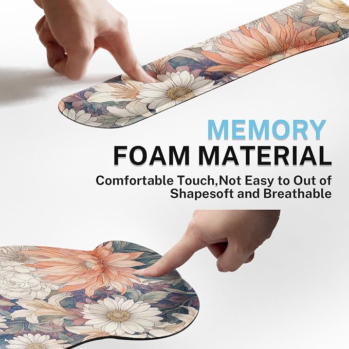 Ergonomic Mouse Pad Set with Wrist Rest, Daisy Floral Vintage | Cottagecore Non-Slip Rubber Base Wrist Cushion Support and Coasters Mousepad with Wrist Support for Computer Keyboard