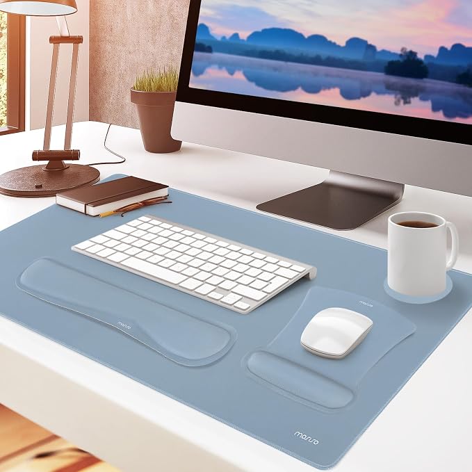 MOSISO Keyboard Mouse Pad Set, Large Gaming Mousepad&Keyboard Wrist Rest | Mouse Wrist Rest&Coaster, Ergonomic Non-Slip Mousepad&Easy Typing Cushion with Memory Foam for Home Office, Baby Blue