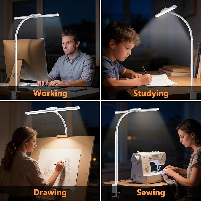 LED Desk Lamp for Home Office, Flexible Gooseneck Desk Lamp with Clamp, 5 Color Touch Control Stepless Dimming Adjustable Eye-Caring Desk Light with Adapter for Reading, Study, Workbench (White)