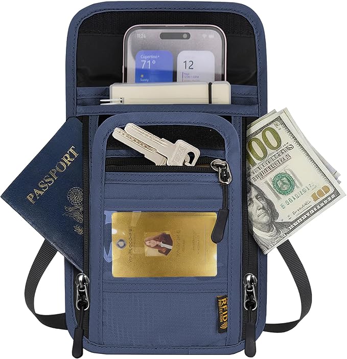 Travel Neck Wallet RFID Blocking – Hidden Passport Holder & Anti-Theft Money Pouch for Men & Women, Lightweight Concealed Undergarment Organizer with Adjustable Strap, Secure Document Holder