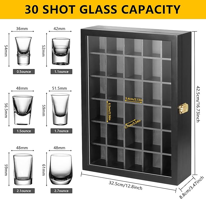 30 Shot Glass Display Case Wall Mounted, Shot Glass Holder with Door and Removable Shelve, Shot Glass Storage for Home Bar Decor