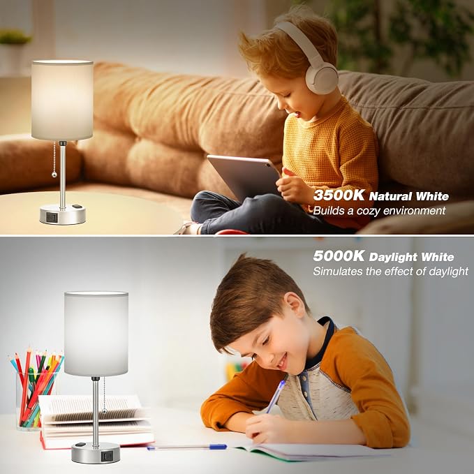 Small Bedside Table Lamp for Bedroom - Desk Lamp with USB Ports for Dorm | USB A+C Ports, AC Outlet, 3 Color Temperatures, LED Bulb Included, Grey Fabric Shade, Sleek Silver Base, 14" Night Stand Lamp