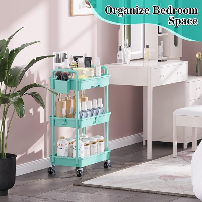 SUNALLY 3 Tier Rolling Cart with Drawer, Craft Storage Cart Organizer, Blue | Bathroom Storage Organizer with 2 Lockable Wheels, Rolling Utility Cart for Kitchen, Office, Baby, Makeup, Nail,Snack,Laundry