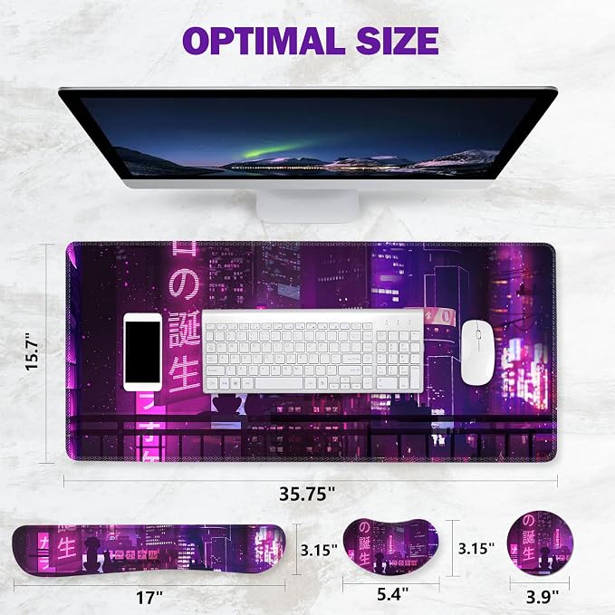 ToLuLu Extended Mouse Pad, Memory Foam Ergonomic Wrist Rest Support Set | Large Gaming Desk Mat with Stitched Edges fr Keyboard Mouse, Non-Slip Base Mousepad for Home Office, Neno City Anime Japanese