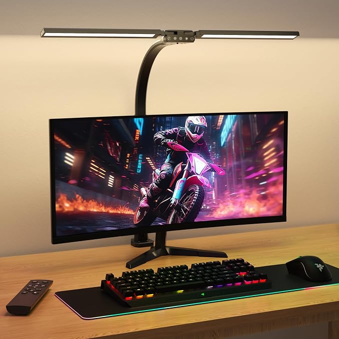 Upgraded Desk Lamp for Home Office - Dimmable Computer Desk Light with Remote, Modern Architect Task Lamp with Color Changing, Flexible Desktop Lamp with Gooseneck for Monitor, Double Head