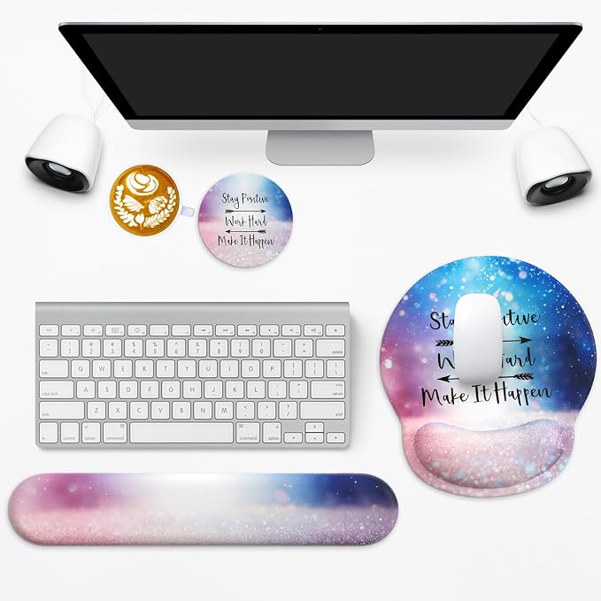 3 in 1 Ergonomic Mouse Pad and Keyboard Wrist Rest with Coaster Set-Glitter | Cute Large Mousepad with Gel Wrist Support for Gaming Computer Laptop Women Office Home Desk Decor