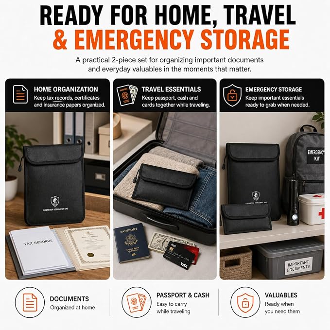 Fireproof Document Bag Set, 6400°F, 15.4x11.2'', 8.7x5.9'' | 12-layer Fireproof & Water Resistant File Bag, Non-itchy Fiberglass, Large File Storage & Money Pouch