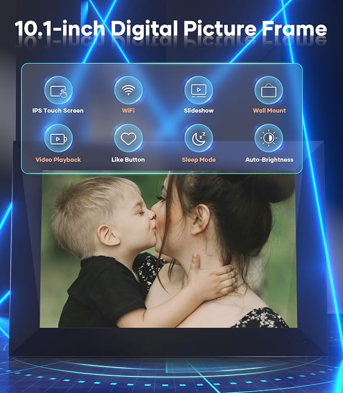 Cozyla Digital Picture Frame, 10.1'' HD Touchscreen Display with No Subscription, Free Unlimited Storage, Share Photo&Video via Apps, Auto-Rotate WiFi Electronic Photo Frame for Gifting Black