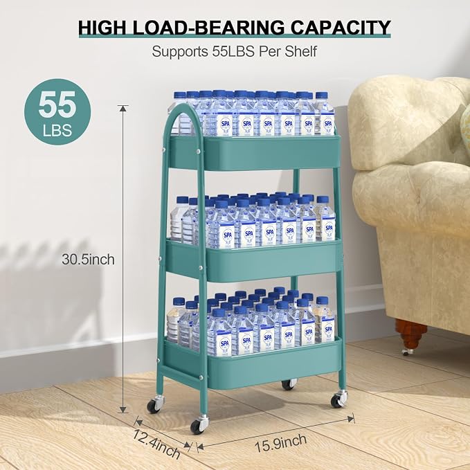 3 Tier Utility Rolling Cart, Metal Storage Cart with Handle and Lockable Wheels, Multifunctional Storage Organizer Trolley with Mesh Baskets for Kitchen, Living Room, Office, Garage (Green)