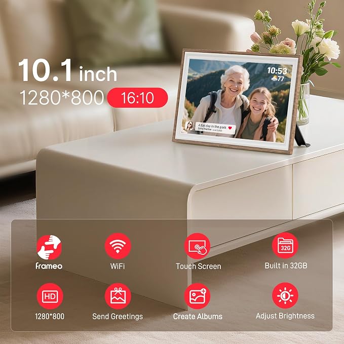 Frameo 10.1" Digital Picture Frame, Smart WiFi Digital Photo Frame with 1280x800 HD IPS Touch Screen 32GB Storage Auto-Rotate Wall Mounted, Share Photos/Videos Remotely(Brown&White)