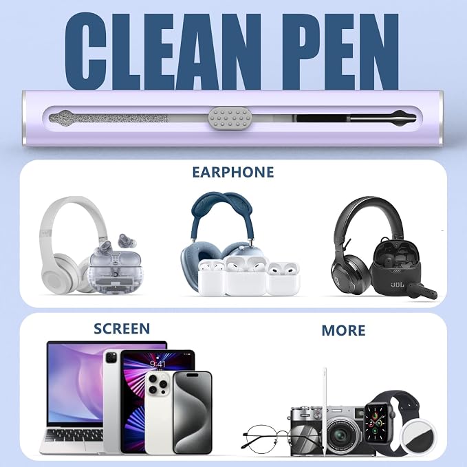 Inesore Multi Cleaning Kit for AirPods & All Bluetooth Earbuds (Purple) | 3-in-1 Design with Brush,Sponge & Metal Tip, Airpod Cleaning, Phone Cleaner, Earbud Cleaning, Electronic Device Cleaning Tool