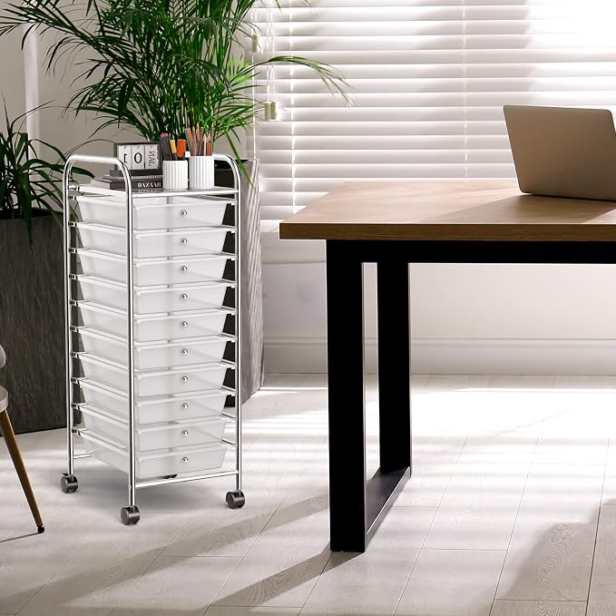 COSTWAY 10-Drawer Rolling Storage Cart, Utility Mobile Trolley | Removable Drawers & Universal Casters & 2 Brakes, Versatile Flexible Drawer Organizer Cart for Home, Office (Clear)