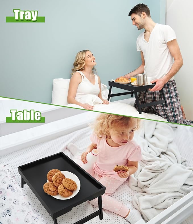 Youpehom Bamboo Bed Tray Tables with Folding Legs, Medium, 4-Pack, Black | Four bamboo bed trays with folding legs and handles for family meals, guests, reading, laptop use and everyday serving.
