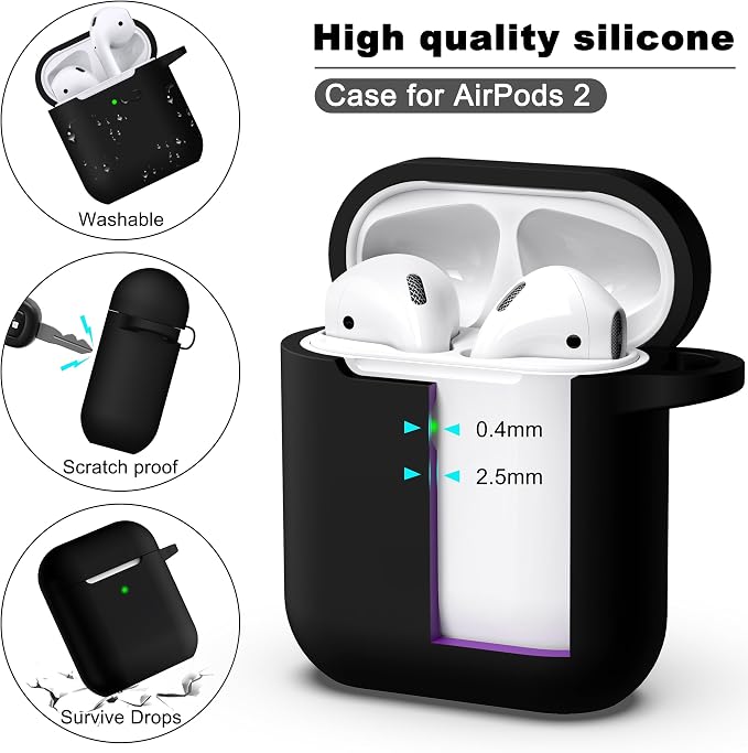 R-fun for AirPods 1/2 Case, Soft Silicone Protective Cover with Keychain and Cleaning Pen, Compatible with AirPods 2nd/1st Generation (2016/2019), Full Drop Protection Cover, Black