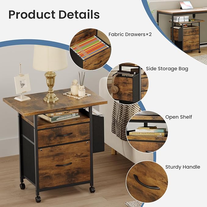 DUMOS 2 Drawer Mobile File Cabinet, Printer Stand with 24'' Wide Desktop | Fabric Drawer Cabinet Under Desk with Storage Side Bag,Rolling Printer Cart Not for Hanging Files for Home Office, Brown