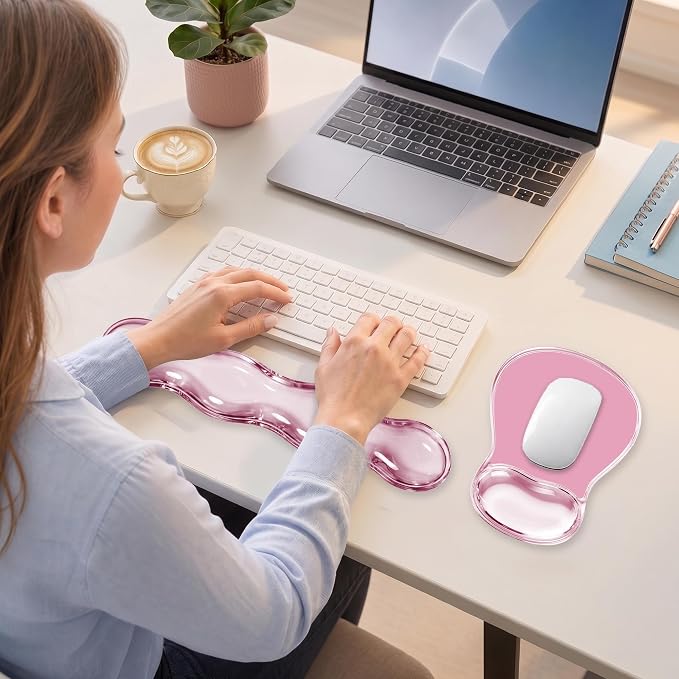 Keyboard Wrist Rest & Ergonomic Mouse Pad with Wrist Rest Set, Cute Transparent Gel Wrist Rest for Keyboard and Mouse, Soft Support for Pain Relief, Office, Gaming Desk Accessories(Pink)