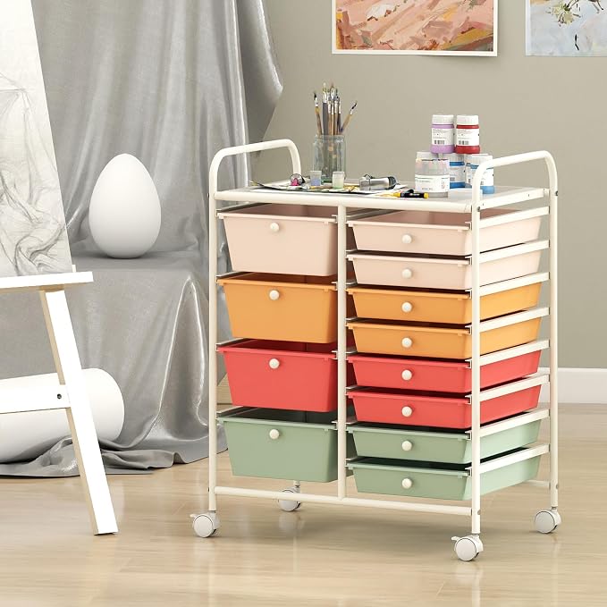 RELAX4LIFE 12-Drawer Rolling Storage Cart - Mobile Utility Drawer Carts with Wheels, Craft Organizers Cart for Classroom Organization and Storage, Home, School, Office