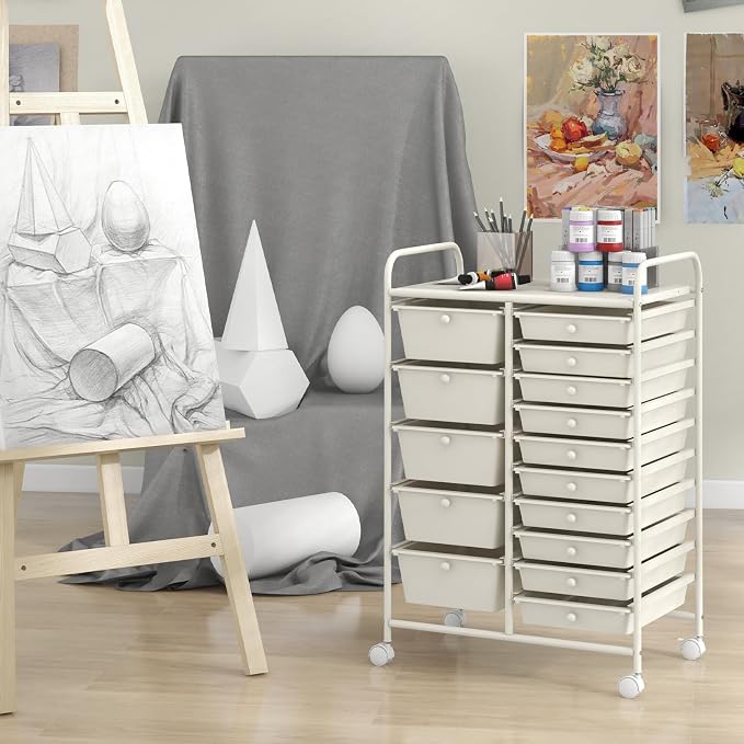 GLACER 15 Drawers Rolling Storage Cart, Steel Frame Craft Organizer Cart | Utility Cart w/Lockable Wheels & Sleek Handle, Mobile Art & Tool Supply Trolley for Teacher, Home, School, Office (White)