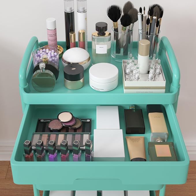 Calmootey 4-Tier Utility Cart with Drawer & Wheels, Storage for Home,Office | Space-Saving Organizer, Sturdy Plastic Shelves, Smooth-Rolling Metal Wheels, Built-in Drawer for Small Items, Green