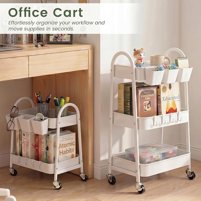 2-Tier Rolling Cart, Utility Cart Mobile Metal Rolling Storage Cart with Lockable Wheels & Hanging Cups & Hooks for Kitchen, Bathroom, Office, Workshop, Purple