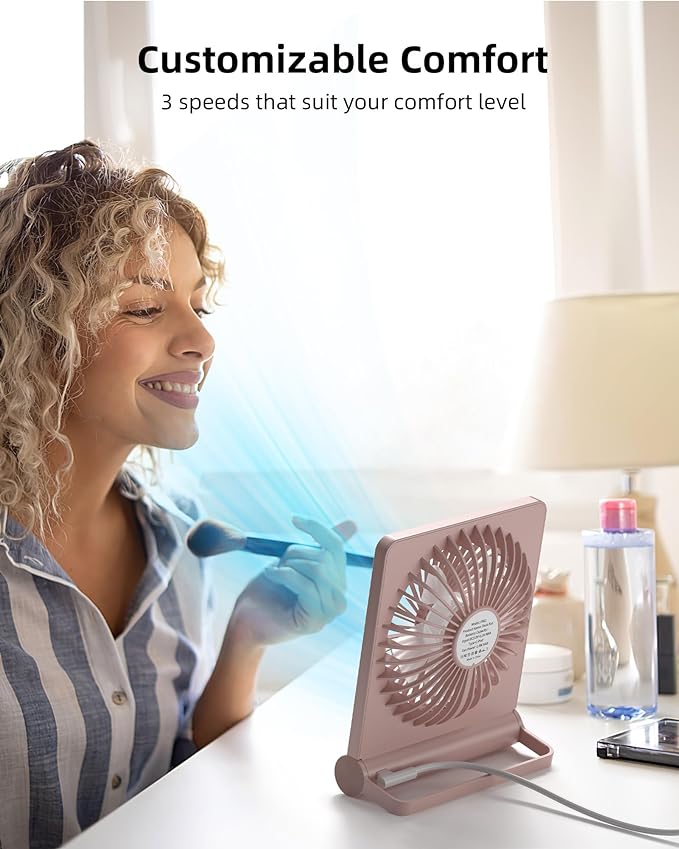 Koonie USB Desk Fan, Strong Wind Ultra Quiet Small Mini Fan | 220° Tilt Folding & 3 Speeds Adjustable, USB-C Powered Personal Fan for Home Office Desktop, Pink, NO BATTERY