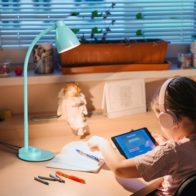 BOHON LED Desk Lamp with USB Charging Port, 3 Color Modes Dimmable, Teal | Reading Lamp, Auto Dimming Task Lamp, Flexible Neck Table Light for Office Dorm Bedside, Adapter Include