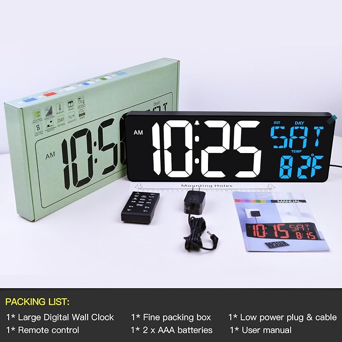 17 Inch Large Digital Wall Clock with Remote Control, Automatic Brightness Dimmer Digital Wall Clock Large Display with Day/Date/Temperature, Snooze, Count Up & Down Timer for Living Room, Office, Gym