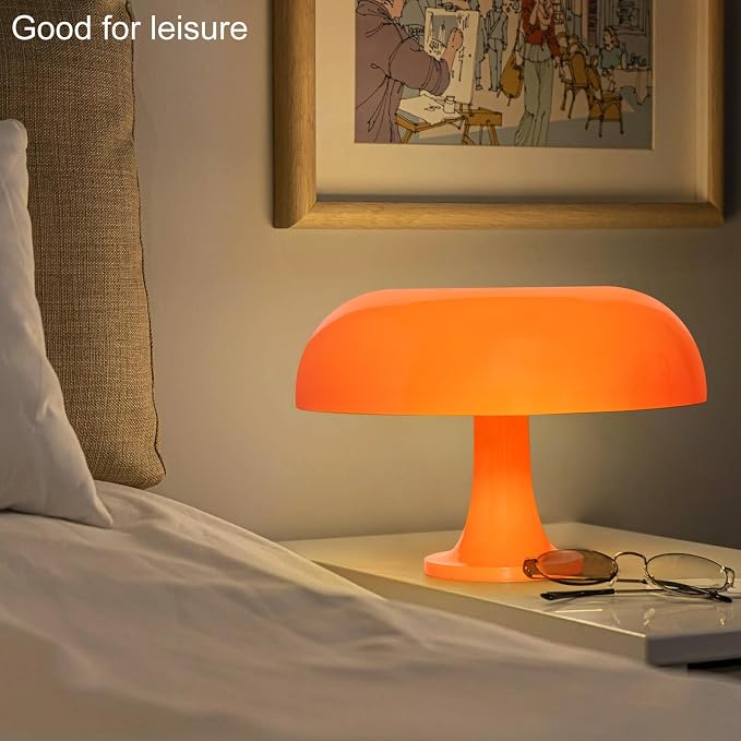 Orange Mushroom Lamp, Mid Century Modern Table Lamp for Bedroom, Minimalist Mushroom Decor Bedside Small Lamps, 2700K(Bulb Included, Plug Powered)