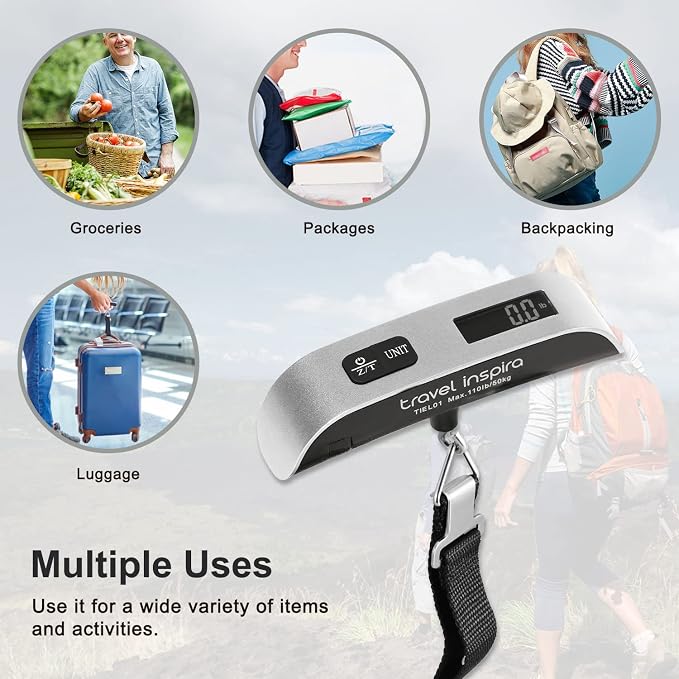 travel inspira Luggage Scale, Portable Digital Hanging Baggage Scale for Travel, Suitcase Weight Scale with Rubber Paint, 110 Pounds, Battery Included