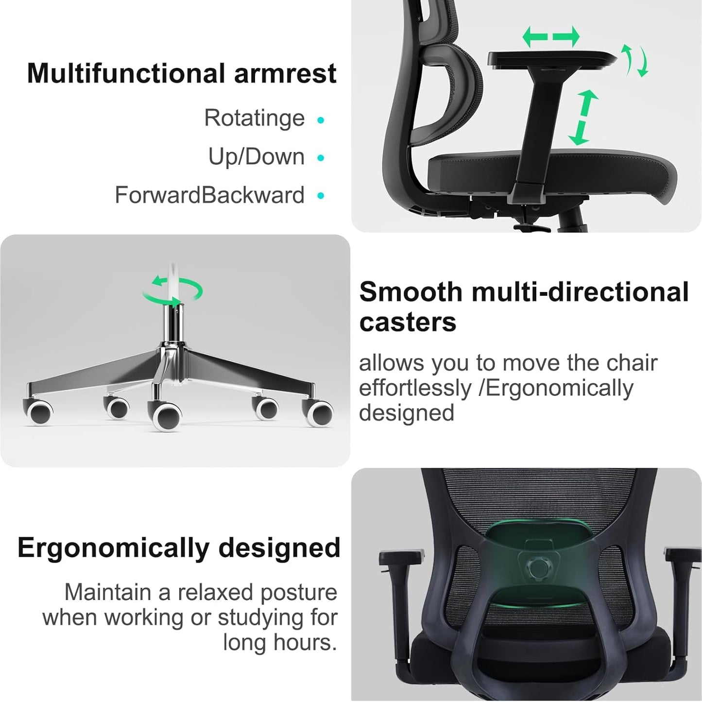 Ergonomic Office Mesh Chair, High Back Swivel Comfty Desk Chairs- 3D Armrest Adjustable Lumbar Support Capacity 400lbs and Headrest Wide for Home & Office, Bedroom (Black)
