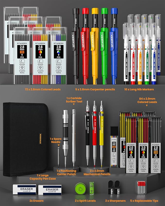 STAGEEK 49 Pack Carpenter Pencils Set With 164 Refills | Construction Pencil, Deep Hole Long-Nib Marker Pens, Automatic Center Punch and Carbide Scribe Tool for Woodworking with Case