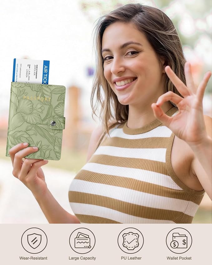 Slohif Elegant RFID Passport Holder for Travel with AirTag Sage Green | Floral Embossed Passport Wallet for Women, Slim Vegan Leather Travel Organizer with Money Pocket and Card Slots