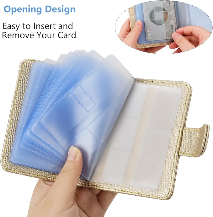 Wisdompro Credit Card Holder, RFID Blocking Wallet Debit Card Protector | Slim Leather Credit Card Organizer Case, Card Case with Magnetic Closure, 20 Card & 7 Memory Card Slots - Vertical Gold
